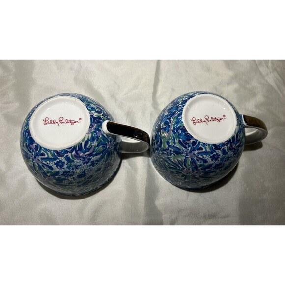 Lilly Pulitzer Coffee Tea Mugs With Blue Floral Gold Trim Set Of 2 - Picture 4 of 4